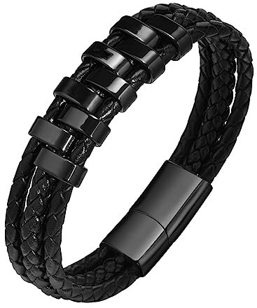 XUANPAI Personalisierte Herren Armband Schwarz Echtleder Breites Lederarmband, Armband mit Namen, Geschenke für Männer Papa Sohn Ehemann Freund Opa Enkel Onkel Neffe