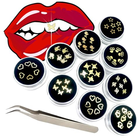 Chamon Zahnsteine, vergoldeter Zahn-Edelstein-Set, 10 Schachteln, Zahn-Edelsteine, Zahnschmuck, professionelles Starter-Set, Zahndekorationswerkzeuge