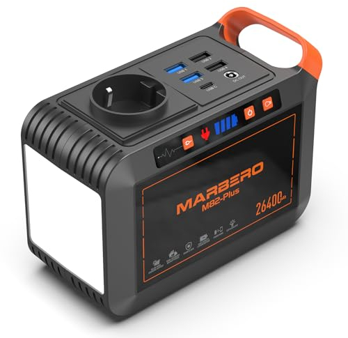 MARBERO tragbare Powerstation 98Wh wiederaufladbare Powerbank mit Steckdose AC 120W max 26400mAh mit LED Taschenlampe, Steckdose, USB A, USB C PD 18W, DC für draußen Camping, Stromausfall, Notstrom