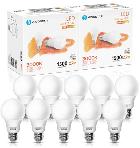 Aigostar - 15W Bombilla LED A60, casquillo gordo E27, luz cálida 3000K, 1500 lúmenes, ángulo de apertura 280º, CRI> 80. No regulable. 10 unidades