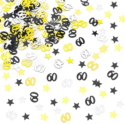 ALEGRE Glitzer Konfetti 60 Geburtstag Deko, Silber, Schwarz, Gold, Metallic Star and Number, PVC, Klein, 500 Stück, Jubiläum, Hochzeit, Geburtstag, Jahrestag, Geburtstagsdeko
