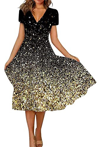 Strandkleid Damen Glitzer Kleid Hochzeitsgast Kleid Damen Minikleid Swing V-Ausschnitt Sommerkleid Kleid Schwarz Damen Skaterkleid Kurzes Tank Kleider Kleider Damen(4-Yellow,4XL)