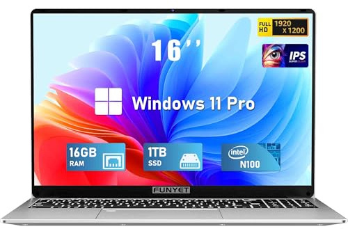 FUNYET 40,6 cm (16 Zoll) Laptop | Gaming-Laptop | 16 GB RAM 1 TB SSD | N100 Prozessor der 12. Generation | FHD 1920 x 1200 Display | 180 Grad Winkelöffnung | Tastatur mit Hintergrundbeleuchtung |