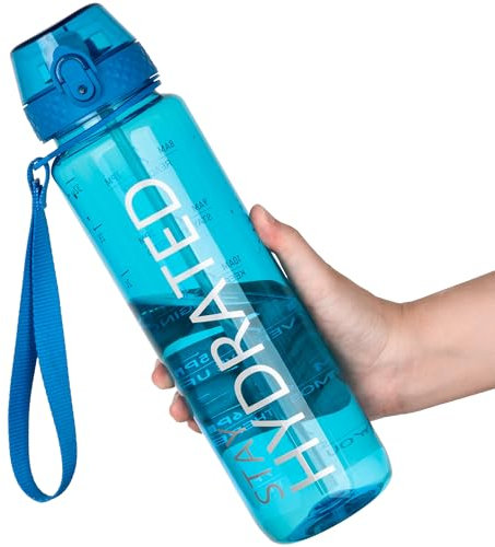 OLDLEY 1L Sports Water Bottle with Straw, Tritan 1 Litre Motivational Drink Bottle, BPA Free Leakproof Transparent Water Bottle with Time Marker for Cycling, School, Gym, Outdoor (Blue)