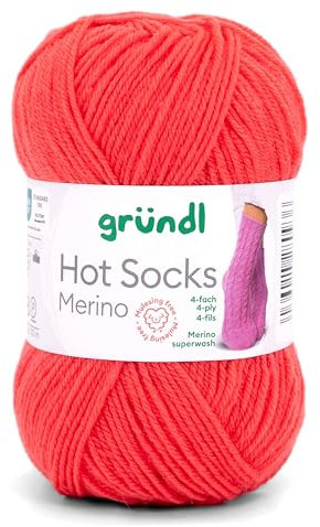 Gründl Hot Socks Merino, Sockenwolle mit Merinowolle rot, Strumpfwolle 4-fädig 50g / 200m, Sockengarn 4fädig uni einfarbig (15 koralle)
