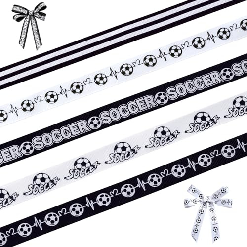 FAKILO Fussball Bänder 5 Rollen Schwarz Weiß Gestreift (Insgesamt 18m), 15mm Grosgrain Band - Ideal für Ballverpackung, Sport Party Deko, Geschenkband & Team Dekoration