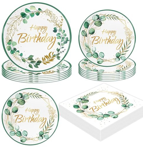 AINIUNIU 40 Pcs Sage Green Birthday Party Plates, Napkins, Sage Green Happy Birthday Decoration Party Plates Set for 20 Guests, Dining Tableware for Kids Birthday Picnic Party Decor