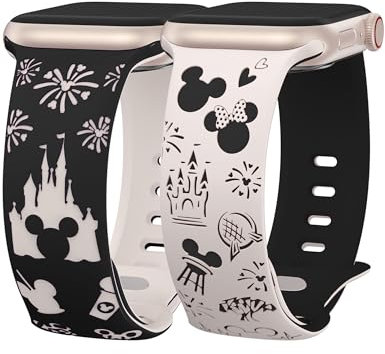 BEEXI 2 Packs Cartoon Engraved Compatible with Apple Watch Strap 41/40/38mm/42mm Women,Two-Tone Cute Soft Silicone Sport Strap for iWatch SE Series 10/9/8/7/6/5/4/3/2/1, Black&Starlight