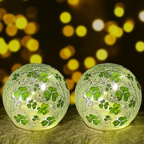 KEAGAN 2 Stück St Patrick's Day-Dekorationen, Beleuchtete Glaskugeln als Tischdekoration, Craquelé-LED-Nachtlicht mit Kleeblatt-Muster, Craquelé-Glaskugeln für Schlafzimmer, Heimdekoration, Party