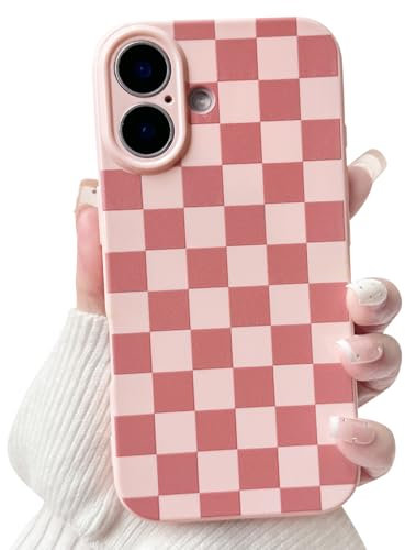 NITITOP Compatible with iPhone 16 Case Cute Aesthetic Checkerboard Checkered Pattern for Women Girl Trendy Slim Fit TPU Silicone Shockproof Full Camera Protection Cover - Pink