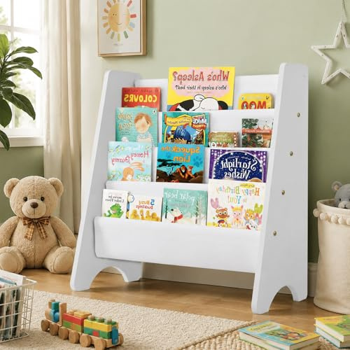 CROWNSHOP Kids Bookshelf 4-Tier Wooden Bookcase Rack White 61 x 60 x 26.5cm | Front-Facing Soft Canvas Display Keeps Books Visible and Easy to Reach, Ideal for Reading Corners, Kids' Rooms and Nurseries