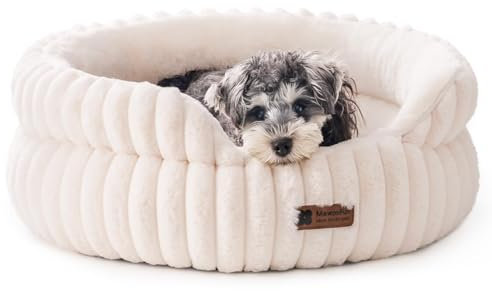 MEWOOFUN Stilvolle Katzenbetten für Katzen, weiches rundes Hundebett für kleine und mittelgroße Hunde, waschbares, beruhigendes Haustierbett (Beige, M)