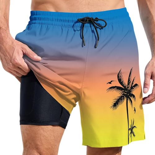 Short de Bain Homme 2 en 1, Maillot de Bain Homme Piscine Séchage Rapide avec Doublure de Compression Boxer de Bain Grande Taille Léger Shorts de Plage Natation Surf avec 2 Poches, Effet Dégradé 5XL
