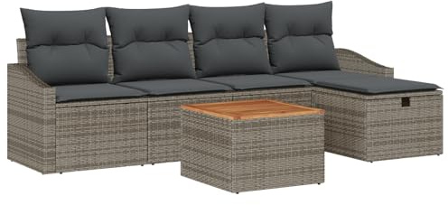 vidaXL Garten-Sofa-Set mit Kissen mit Speicher 6 pcs Grau Poly Rattan, Garten und Terrasse, Modular, Verstellbare Füße, Outdoor-Sitzset, Rattan-Sofa, Modernes Gartenmöbel, Patio-Lounge