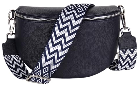 MIRROSI Damen Bauchtasche aus Echtleder, Made in Italy. Als Umhängetasche, Brust- oder Schultertasche tragbar, 26x20x8 cm, Reißverschlussfach hinten. (Navy: Boho)
