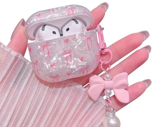 MINSCOSE Custodia per AirPods 4 con glitter, motivo a conchiglia, fiocco e nastro, design alla moda con portachiavi con perle e fiocco, custodia protettiva antiurto per Apple Airpods iPod 4a