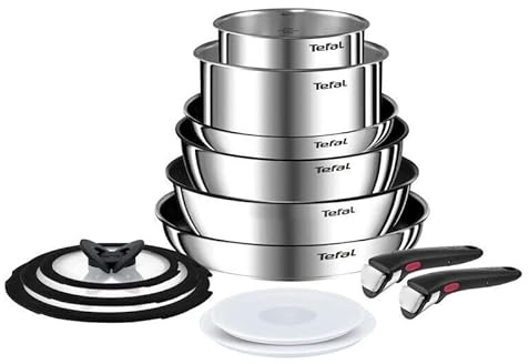 Tefal Ingenio Emotion - Set di 13 pentole e padelle con manici rimovibili, antiaderente, adatti a induzione, colore: Argento/Nero