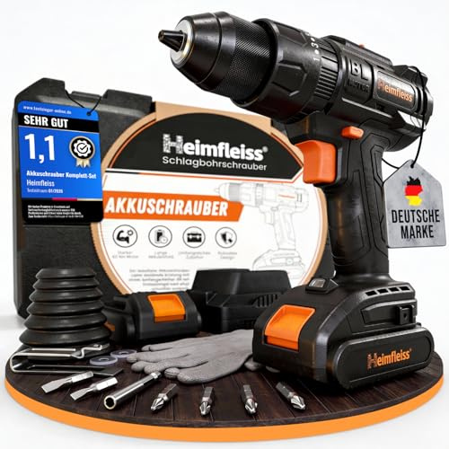 Heimfleiss® Professional 20V Akkuschrauber Set | 2x 2.0Ah Akkus + Ladegerät | Bürstenloser 3-in-1 Schlagbohrschrauber: Bohren, Schrauben & Schlagbohren | 25 Stufen, 60Nm | inkl. Bit-Set & Werkzeugkoffer