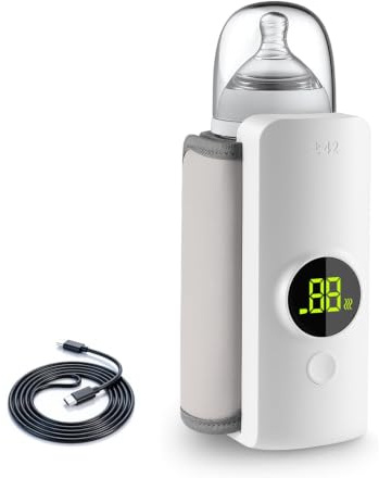 Bottle Warmer, Portable Baby Bottle Warmer for Travel, Rechargeable & Cordless Milk Warmer Sleeve with 6 Gears Temperature Control & LCD Digital Display