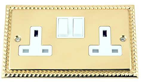 A5 Socket 2 Gang - Polished Brass Georgian - White Insert Plastic Switch - 13A Double Wall Plug Socket