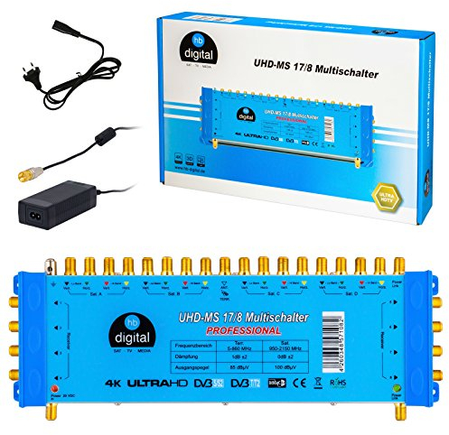 hb-digital 17/8 Multischalter mit externem Netzteil für 8 Teilnehmer und 4 Satellit – nur für Quattro LNB geeignet UHD 4K Full HD DVB-S/S2 – terrestrischer Eingang – vergoldete F-Anschlüsse