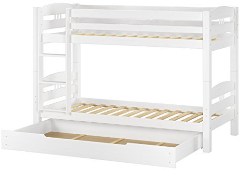 Erst-Holz®Stockbett 90 x 200 Kiefer Weiß mit Rollrost und Bettkasten