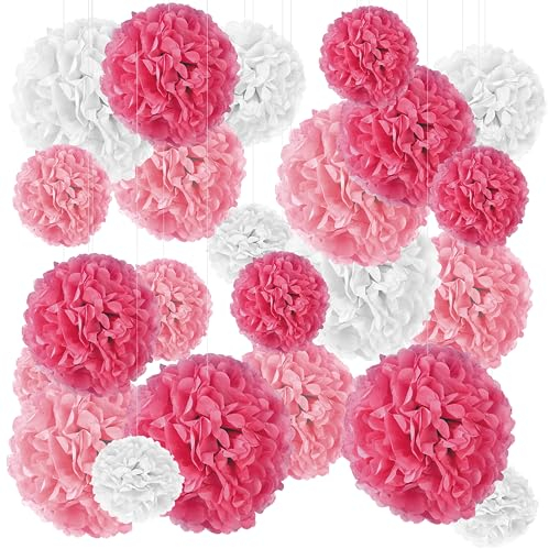 24er Set Seidenpapier Pompoms, inkl. Satinbänder (je 1.20m), inkl. Geschenkverpackung, mit deutscher Videobastelanleitung (Weiß Rosa Pink)