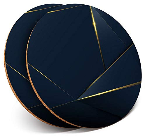 2 x Round Blue Gold Pattern Art - Cork Backed Coasters Home Kitchen Accessory Tea Coffee Mug Mat #3022
