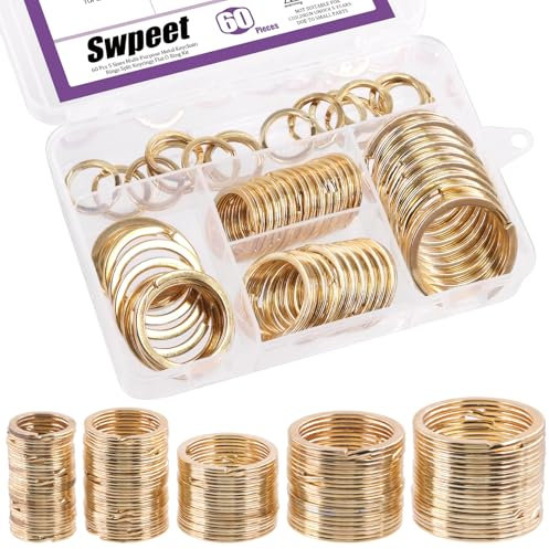 Swpeet Lot de 60 porte-clés en métal doré multi-usages pour clés de maison, de voiture, pendentifs – 20 mm, 25 mm, 30 mm, 35 mm, 38 mm