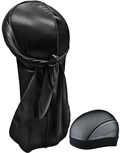 Hairizone Silky Durag Headwrap Doo Herren Lappen Wellen (Schwarz + 1 Kapuze), Schwarz, Large
