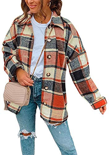 Yming Frauen Holzfäller Jacke Hemd Jacke Urban Style Hemd Bluse Oversize kariert Herbst Winter Freizeit kariert Bluse Retro kariert Basic Jacke Orange XL