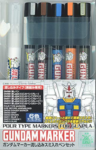 Mr. Hobby GMS122 Gundam Pouring Inking Pen Set, Pour Type, Filzstifte, Zum Bemalen von Gunpla, 5 Farben & GM300 Erasure Marker, 6er Set, Fein, Schwarz