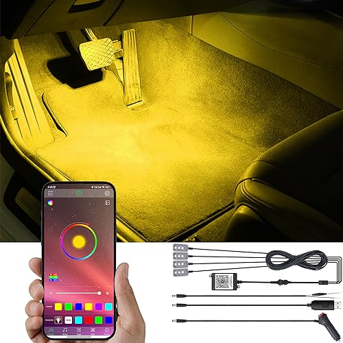 TABEN Auto-Fußraum-Beleuchtungs-Kit, mehrfarbiges Auto-Atmosphären-Beleuchtungs-Kit, Musik-Rhythmus-Sound-aktive Speicherfunktion und Bluetooth-APP-Steuerung DC 12V