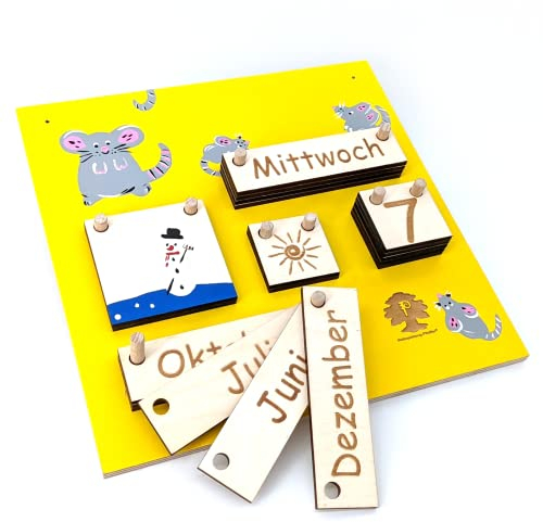 Holzkalender - Kalender für Kinderaus mit Name (Maus, gelb)