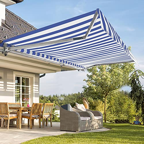 Fiqops manuelle Gelenkarmmarkise 350 x 300 cm Markise Sonnenmarkise Sonnenschutz mit Kurbel, Anti-UV und wasserfest, Alu/Polyester für Balkon, Terrasse, Garten, Blau Weiß