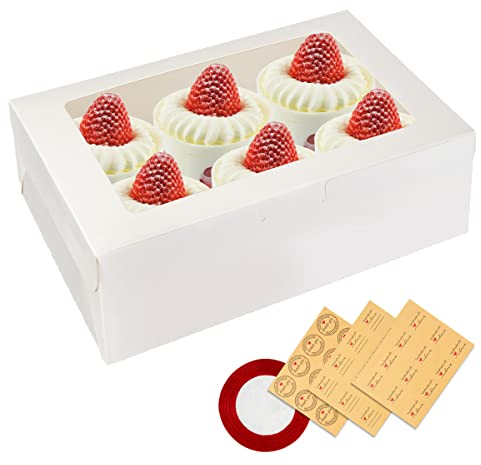 PHULWEL 15 Stück Cupcake Box, Weißer Muffin Transportbox Karton mit großem Sichtfenster, Einlage Patisserieschachteln Biologisch Abbaubar mit 3 Bögen Aufkleber und Band (6er)