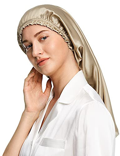 LilySilk Frauen Seide Mütze Schlafmütze mit elastischem Band für Damen Weiche Nachthaube verstellbare Schlafhaube Kopfbedeckung für langes Haar,Braun
