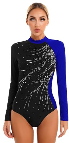 Doomiva Damen Turnanzug Langarm Tanzbody Glitzer Gymnastikanzug Ballettanzug Eiskunstlaufanzug Leotards Strass Wettbewerb Tanzkleidung A Royal Blau L