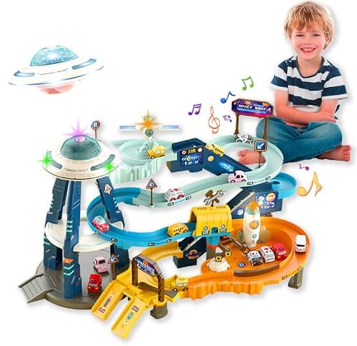 Coo11 3 Story Kids Space Station Electric Parking lot Mars Base Orbit Cars Track Toy, Mars Base Adventure, Kids Play Vehicle Garages with Light & Sound, Car Toy for Kids 3 Years Plus