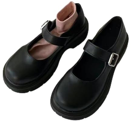 RMUNSK Harajuku Lolita Schuhe für Damen, Übergröße, 43 / 44, japanisches E-Mädchen, klobiges Plateau-Kostüm, Studentin, Mary Jane, schwarzer Schuh