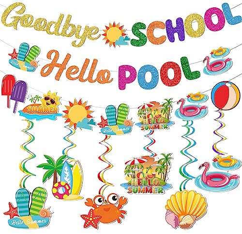 Goodbye School Hello Pool Banner Sommer Party Dekorationen Ende des Schuljahres Party Dekorationen Schulen Out für Sommer Dekorationen letzter Schultag Dekorationen Pool Party Dekorationen