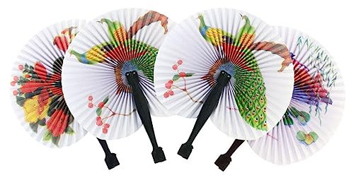 BESPORTBLE 5 Pack Chinese Folding Fan Floral Folding Fan Hand Held, Round Paper Fans Assortment with Plastic Handle for Party, Performance, Decoration, Wedding,