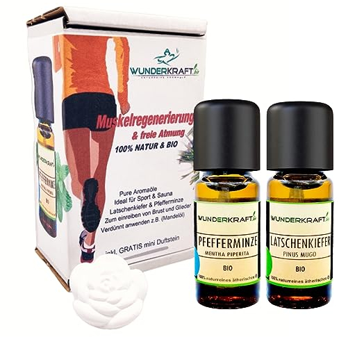 Muskelregenerierung, Beinöl und freie Atmung Sport-Öle Set BIO Pfefferminzöl + BIO Latschenkiefernöl + Duftstein, Aromaöle von WUNDERKRAFT.bio