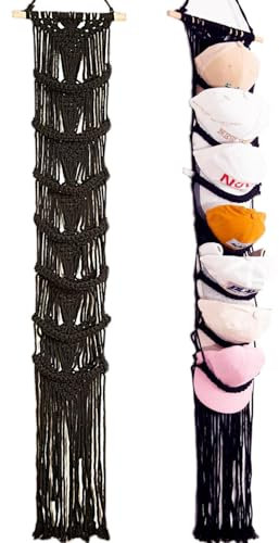 jontell Ballkappen-Halter, 1 Packung/bis zu 14 Kappen, Hut-Organizer für Baseballkappen, Makramee-Huthalter für Wand, Boho, handgefertigter Hutaufhänger über der Tür (schwarz)