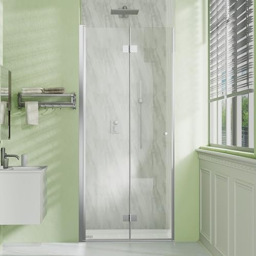 Sunrosa Frameless Bifold Shower Door, 34 W x 72 H Hinged Folding Shower Door, Glass Shower Door in Chrome, Left Installation