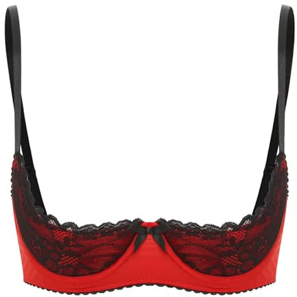 FEESHOW Womens Contrast Lingerie Underwear Spaghetti Straps Underwire Half Cup Push Up Balconette Red 4XL