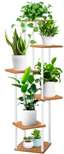 YOCOMEY 6 Niveaux Support de Plante en Métal Bois, Multiple Étagère à Fleurs Support de Pots Fleurs Porte Plantes Interieur, Décoratif Présentoir Étagère de Pots Fleurs pour Salon Balcon(Blanc)