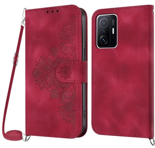 NETANY Handykette Hülle für Xiaomi Mi 11T/11T Pro, Handyhülle für Xiaomi Mi 11T/11T Pro Hülle mit Kette Klappbar, PU Leder Necklace Klapphülle und Umhängeband Lanyard Flip Schutzhülle mit Band (Rot)