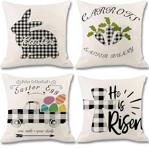 Osterdekorationen: 45,7 x 45,7 cm, Frühlings-Leinen-Kissenbezüge mit schwarz-weißem Büffelkariertem Häschen und Ei, für große Couch, Sofa, Zuhause, drinnen und draußen, Urlaub, Heimdekoration