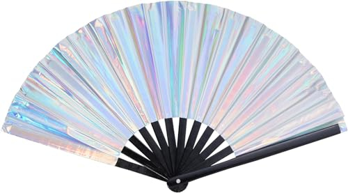 jerbro Hand Fan Holographic Rave Fan Chinese Handheld Folding Fans Iridescent Fan for Festivals Decor Hanfu Club Event Party Dance Performance Clothing Accessories (Silver)